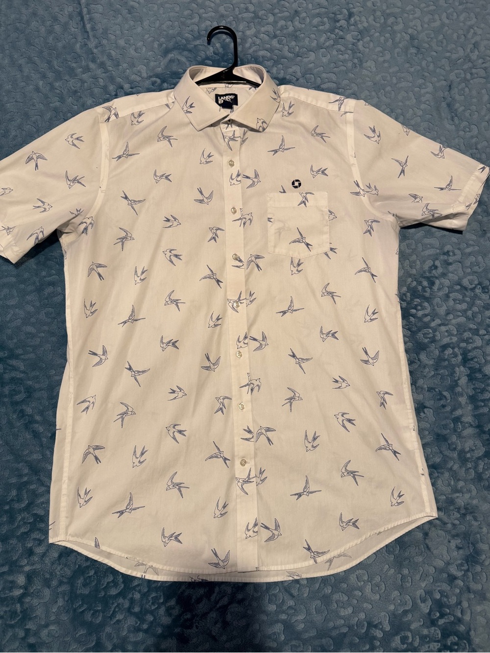 Chase Bank Lands' End White Short-Sleeve Shirt with Blue Bird Print